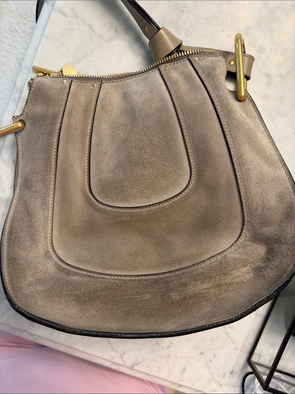 Chloe Taupe Suede Shoulder Bag with Gold Hardware Accents